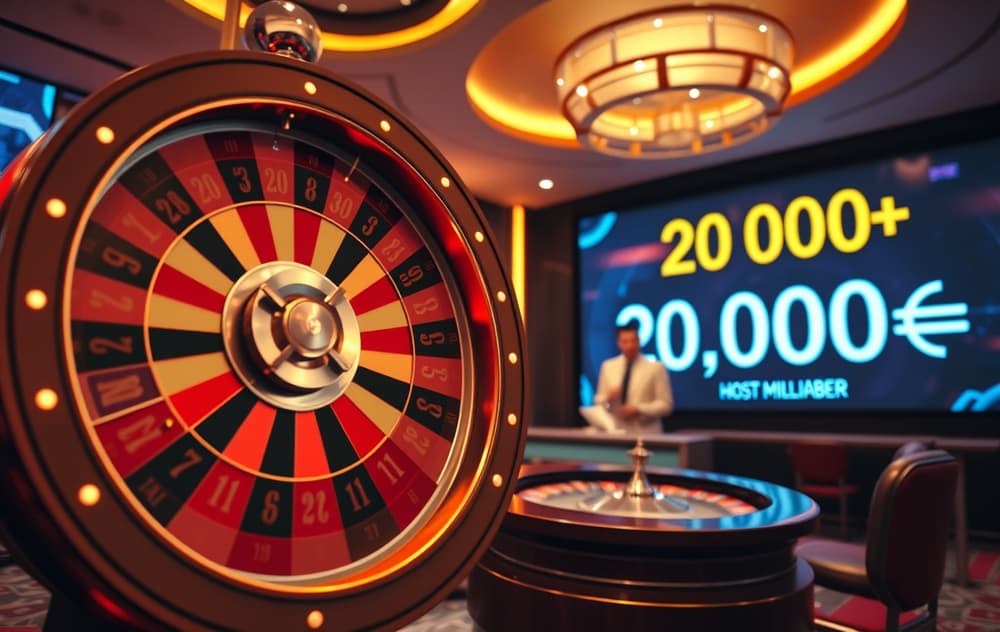 Crazy Time live-hjulspill med host og 54 segmenter, viser multiplikator på 20 000×