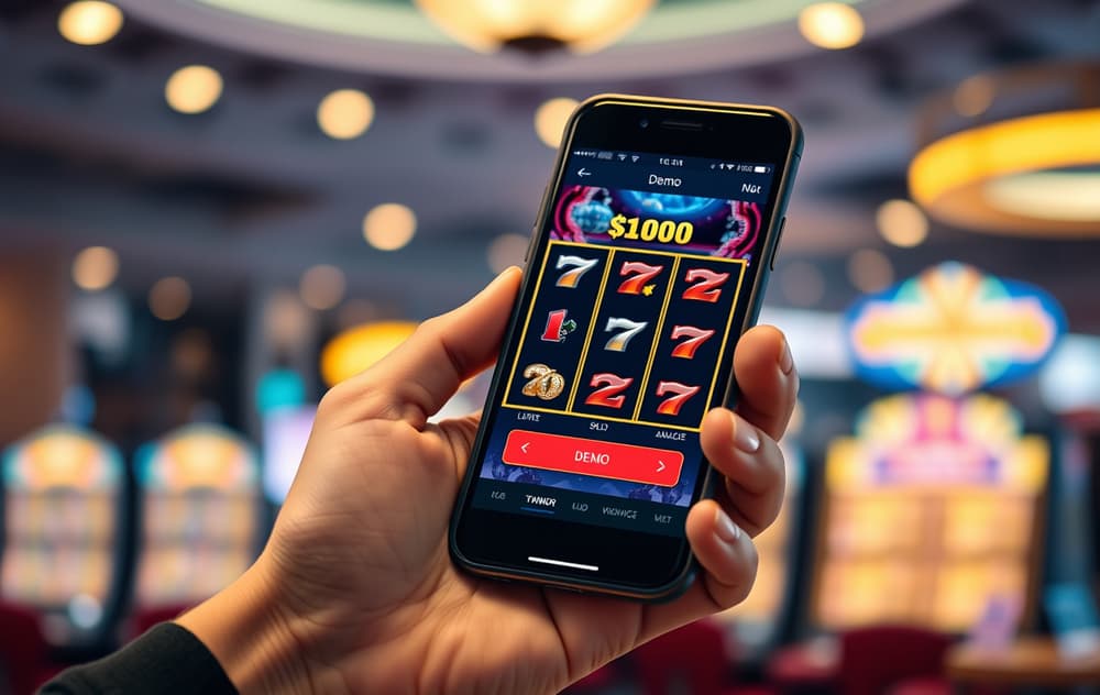 Person som spiller gratis spilleautomater på mobiltelefon med virtuell saldo