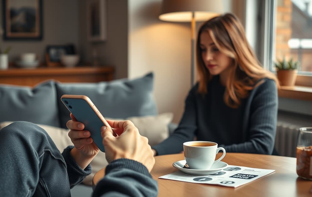 En person spiller lotto på mobilen med Norsk Tipping-appen, med kaffekopp og avis ved siden av.