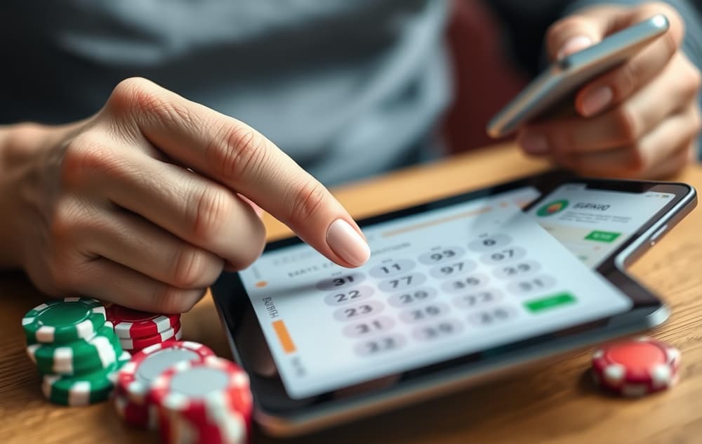 Person som skraper et digitalt skrapelodd på nettbrett med casino-chips og mobil i bakgrunnen