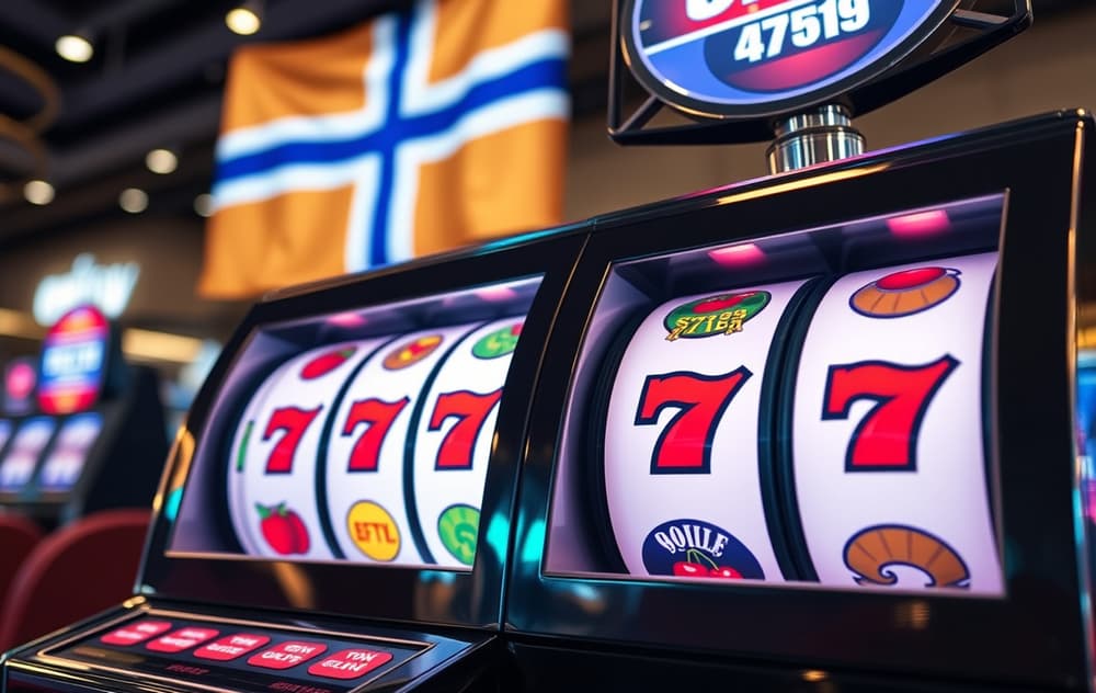 Moderne spilleautomat med spinnende hjul og norsk flagg i bakgrunnen.